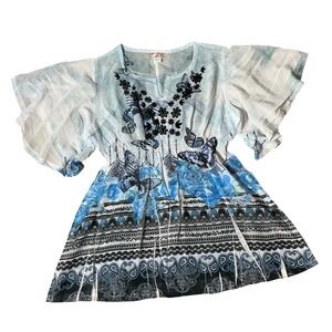 Studio‎ MK Ethereal Women Blue Butterfly Floral Embroidered Smocked Tunic Top L